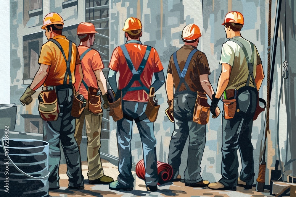Poster a group of workers prepares for tasks at a construction site featuring essential tools and materials