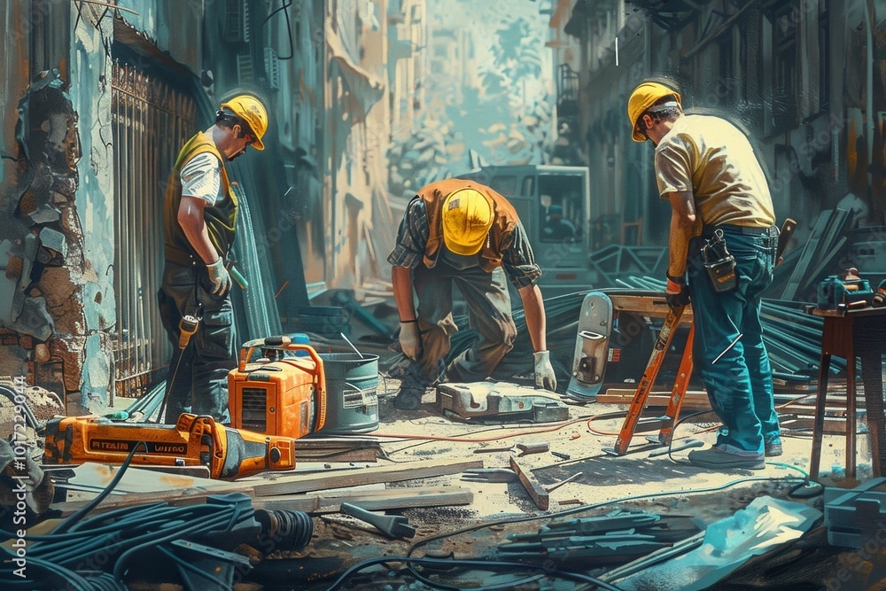 Aufkleber a group of workers utilizes various tools and materials to repair urban infrastructure while engaged