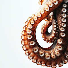 Detailed close-up of an octopus tentacle curling on stark white surface