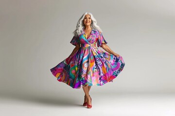 Graceful older woman in a colorful, floral dress posing in a studio 