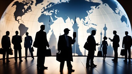 Silhouettes of business people standing in front of a world map, networking and discussing business opportunities.