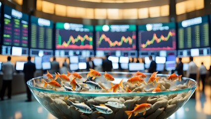 A bowl of goldfish sits in the foreground of a bustling stock exchange trading floor with large screens displaying financial data.
