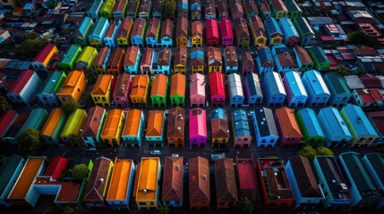 Fototapeta premium Aerial views of cities, geometric patterns, vibrant colors, photography, detailed, expansive