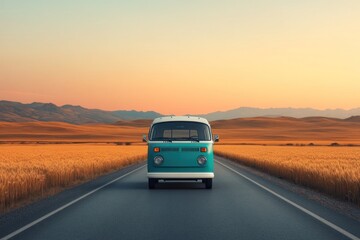 Fototapeta premium Exploring Serenity A Retro Van Journey Through Golden Fields at Sunset