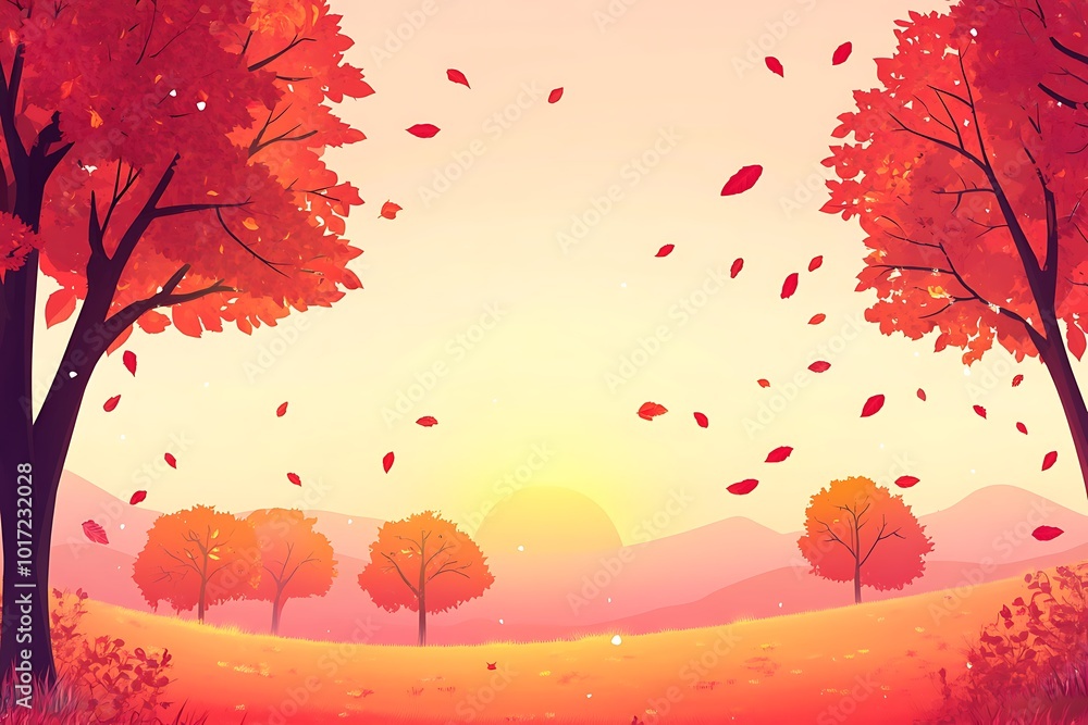 Sticker A serene autumn landscape with colorful trees and falling leaves at sunset.