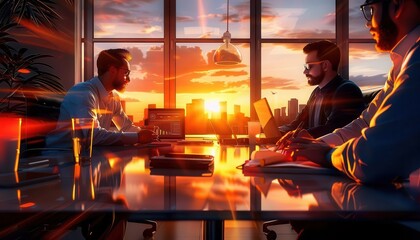 Business meeting discussions with diverse teams, professional setting, warm tones, detailed