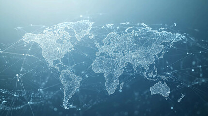 A light blue background with a digital world map and global network connections, representing