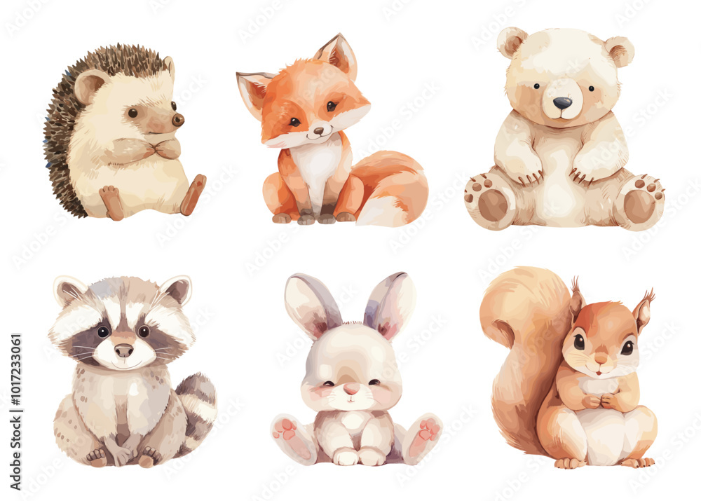 Wall mural Watercolor forest animals. Cartoon cute nursery baby fox hedgehog bear racoon bunny rabbit squirrel set vector illustration