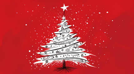 Christmas art tree, freehand one black line ink drawing in minimalist style on a red background with silver stars