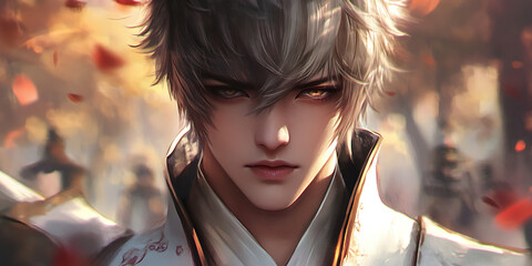 The Warrior's Gaze:  A captivating portrait of a handsome young man with silver hair and piercing golden eyes, set against a backdrop of falling cherry blossoms. His expression is intense.