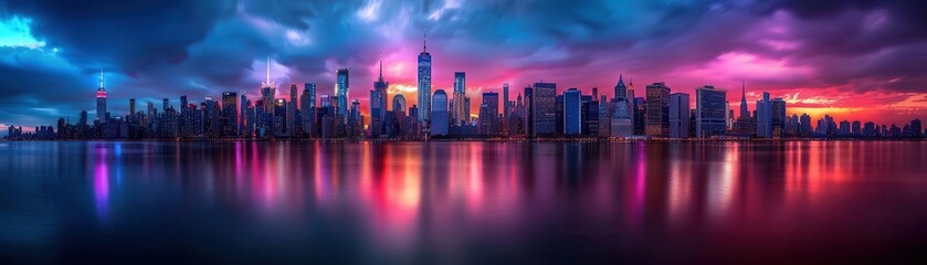 Fototapeta premium City skyline at dawn, soft lighting, photography, vibrant colors, iconic landmarks