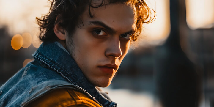 Intense Gaze: Young Man in Denim Jacket 