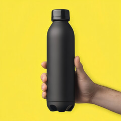 hand holding modern water bottle mockup with yellow background