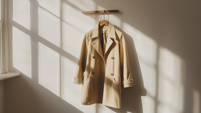 Beige trench coat hanging on a wall with soft sunlight through a window