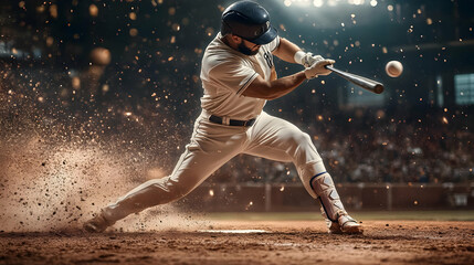 A baseball player swings at a pitch, creating a dynamic action shot.