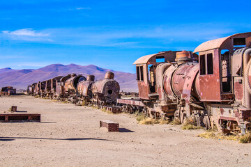 Potosi department, Uyuni City, Bolivia - June 12, 2025: Train cemetery. It is a place of abandoned...