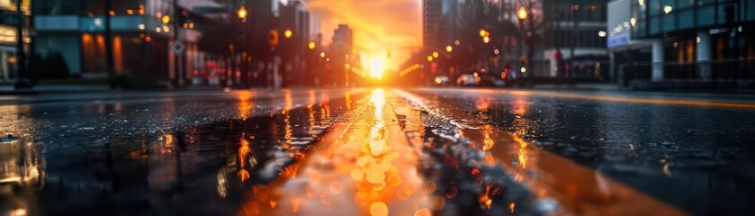 Fototapeta premium Empty city street photography at dawn, soft lighting, serene, quiet, urban setting
