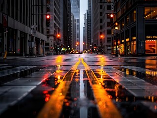 Obraz premium Empty city street photography at dawn, soft lighting, serene, quiet, urban setting