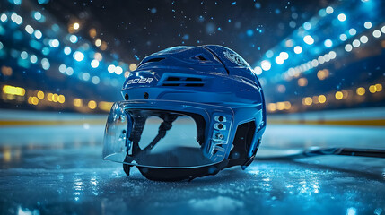 Obraz premium A blue hockey helmet on ice, illuminated by arena lights.