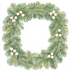 Illustrate a hand-painted watercolor clipart of a pine cone wreath in Soft Sage Green
