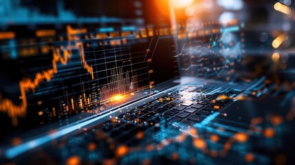 Financial charts and graphs, futuristic, digital art, blue tones, precise, data-driven