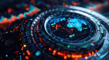 Financial charts and graphs, futuristic, digital art, blue tones, precise, data-driven