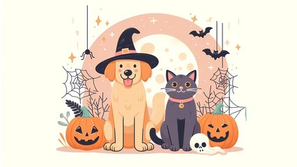 Fototapeta premium Dog and Cat in Halloween Witch Hat with Pumpkins and Spider Webs
