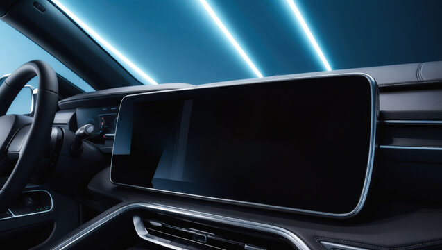Modern car interior featuring large blank interactive screen displaying navigation system