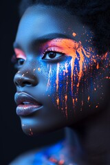 Striking portrait of a young Black woman with vibrant face paint.
