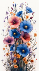 a hand-drawn illustration of bouquet of large Morning Glory, daisies and Sweet peas, 