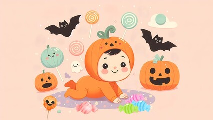 Fototapeta premium Baby in Pumpkin Costume with Halloween Bats, Pumpkins, and Candy