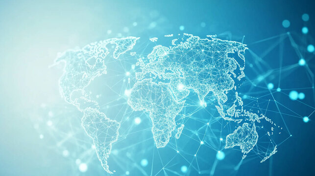 A light blue background with a digital world map and global network connections