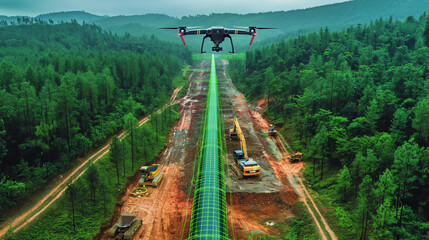 Aerial Drone Survey of Pipeline Construction Site Using LiDAR Technology with Green Grid Overlay Capturing Detailed Topographic Data for Infrastructure Mapping and Terrain Analysis