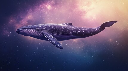 Fototapeta premium Majestic Flying Whale in a Starry Sky with Pastel Galaxy Colors, Featuring Dreamy Purple and Blue Tones and Grainy Aesthetic Background