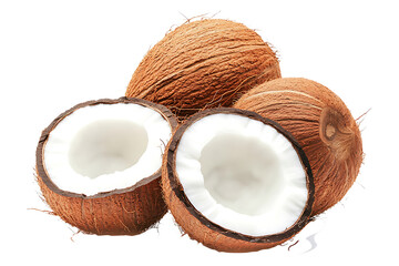 Fresh Brown Coconuts Cut Open Tropical Fruit isolated on a transparent background