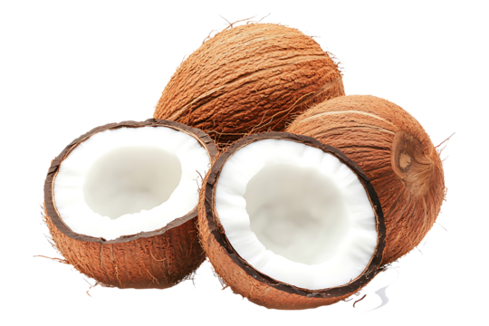 Fresh Brown Coconuts Cut Open Tropical Fruit isolated on a transparent background