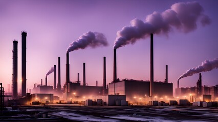 Obraz premium A large industrial complex with tall smokestacks emitting plumes of smoke into the air at dusk.