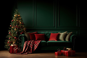 Traditional living room with red and green Christmas tree, plaid blankets, and festive pillows, interior Christmas decor, classic red and green theme