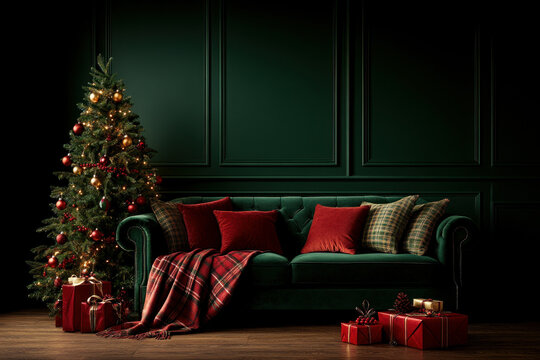 Traditional living room with red and green Christmas tree, plaid blankets, and festive pillows, interior Christmas decor, classic red and green theme