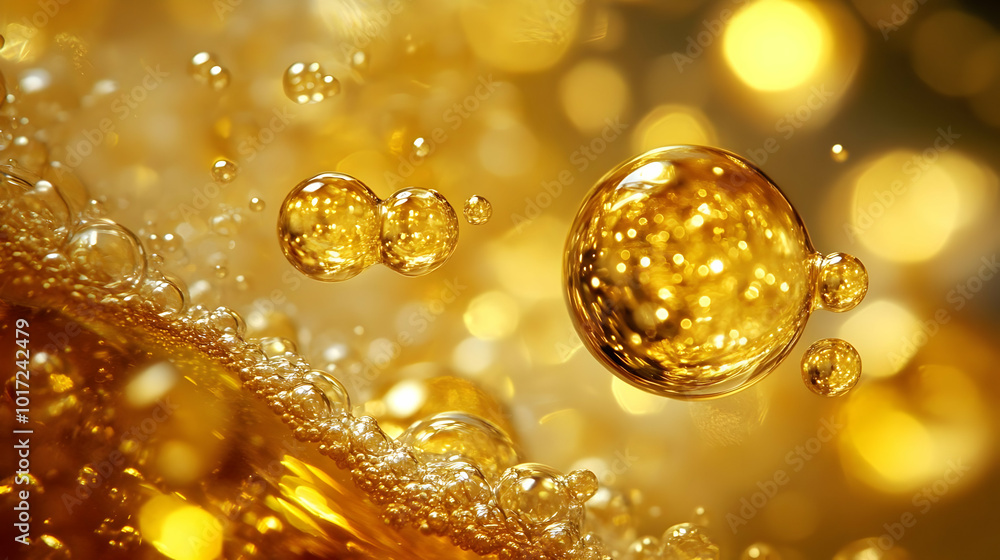 Poster a close-up of golden bubbles in a liquid, creating a shimmering effect.