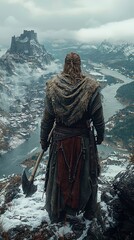 Fototapeta premium Lone Barbarian Warrior on Snowy Mountaintop Overlooking Frozen Wasteland – Generative AI