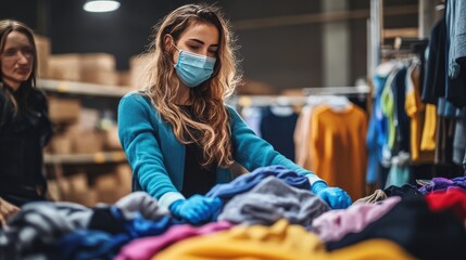 Volunteers sort clothes for charity during pandemic.