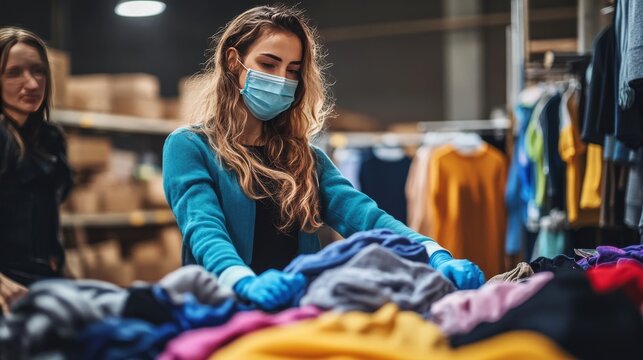 Volunteers sort clothes for charity during pandemic.