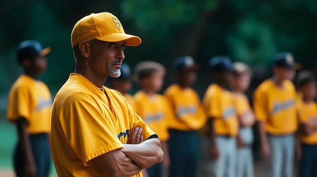 A coach observes young players during a baseball practice session.