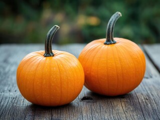 Autumn harvest decor with orange pumpkins on wooden surface