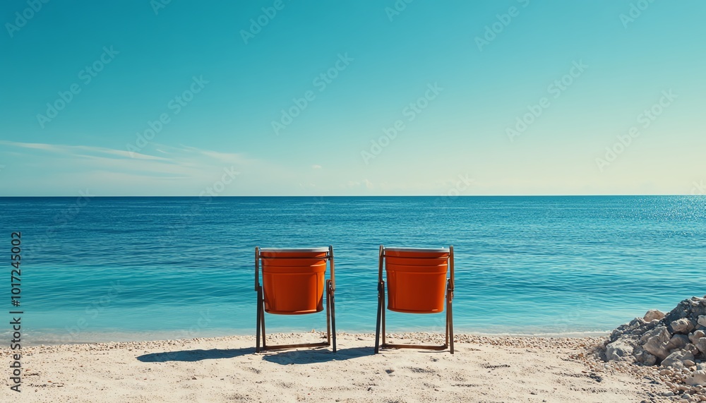 Wall mural bucket of ecofriendly cleaning products surrounded by two chairs on a serene sandy beach, overlookin