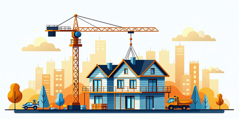Obraz premium Illustrative graphic depiction of an house construction site, creation of living space and modernization of urban districts