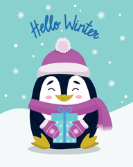 A winter postcard with a penguin and a gift. 