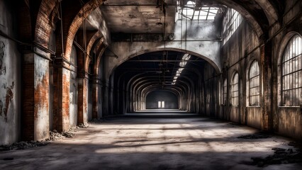 Fototapeta premium A long, dark corridor inside an abandoned factory with arched ceilings and sunlight streaming in from the end.