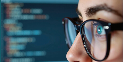 Data specialist or data analyst observes and analyzes lines of code on the screen. Hacker attacks, error correction and digital process analysis